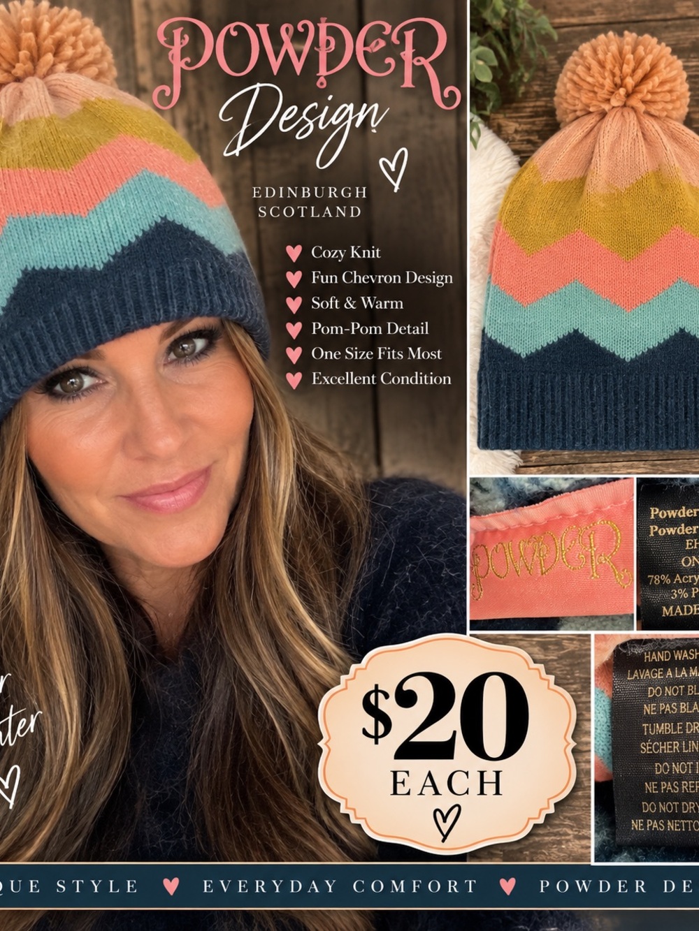 Powder Design Chevron Pom-Pom Beanie in Multicolor